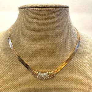 Avon necklace gold tone herringbone chain w/ clear crystals/ rhinestones pendant